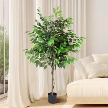 Indoor Artificial Ficus Tree, 5FT Tall Faux Ficus Tree, Artificial Plant with Natural Wood Trunk Decoration (1 Pack)