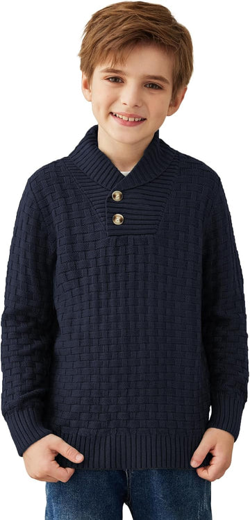 Boys Crewneck Long Sleeve Textured Ribbed Edge Pullover Sweaters Button Up Knitted Sweater Tops