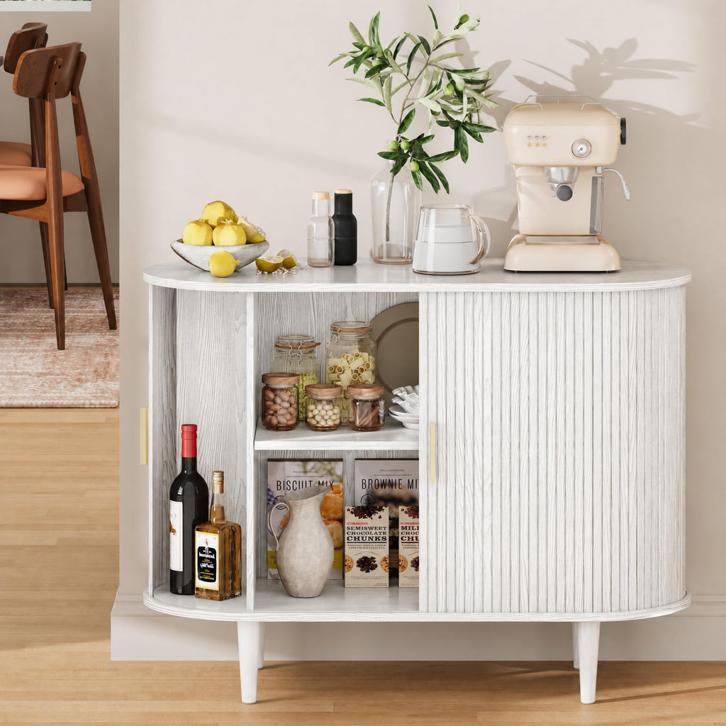 Sideboard Buffet Cabinet with Storage, 40 Inch Mid Century Modern Fluted Credenza with Sliding Door & Adjustable