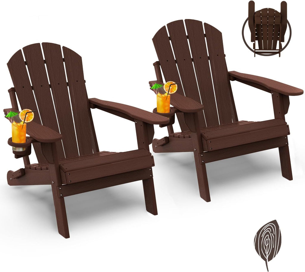 Folding-Adirondack-Chairs Set of 2, HDPE Wood Grain, Dark Brown | Hidden Cup Holder | 5" Wide Armrests | Foldable