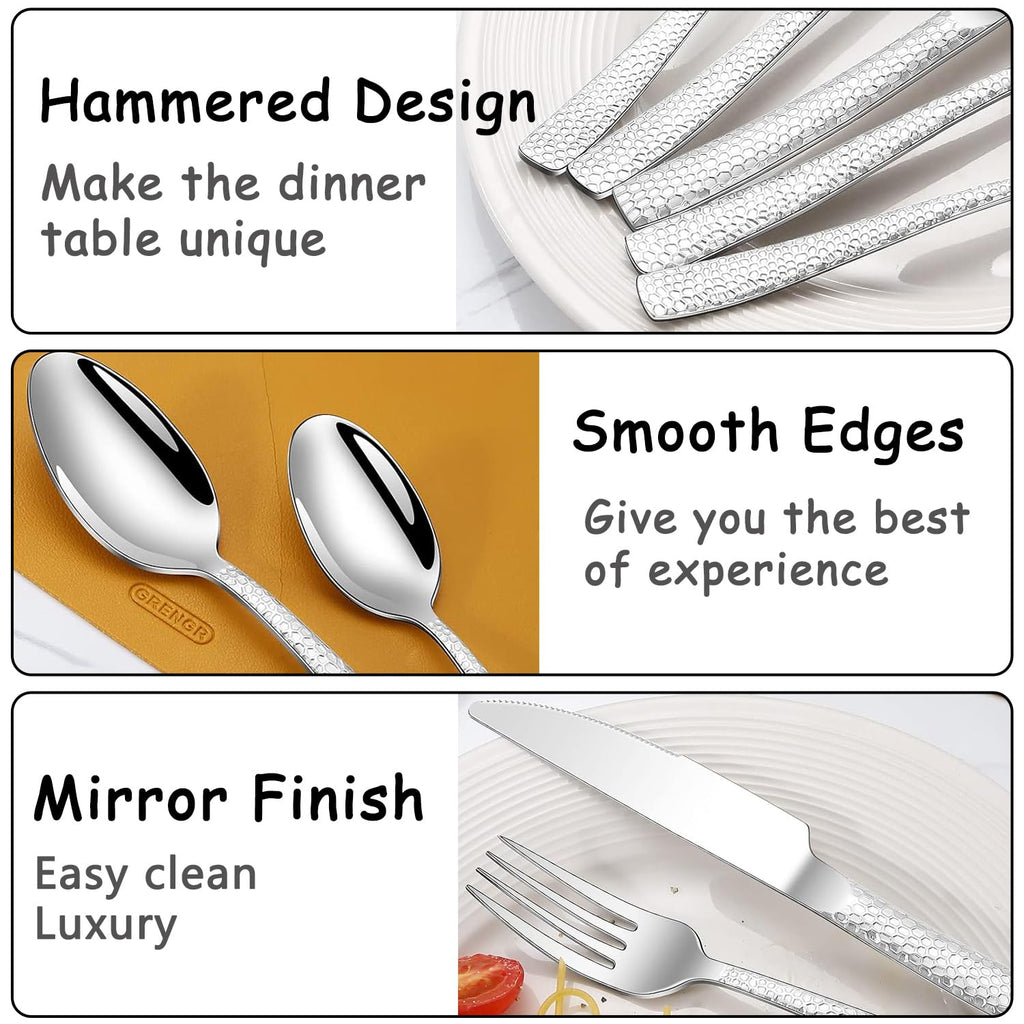 Hammered Silverware Set for 2, 10 Pieces Stainless Steel Luxury Flatware Set, Cutlery Tableware Set, Kitchen Utensils