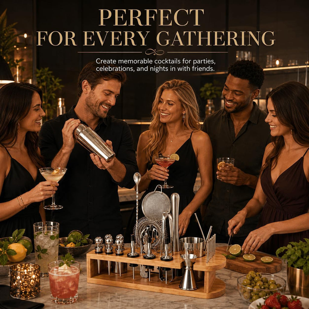 Cocktail Shaker Set, 26-Piece Premium Mixology Bartender Kit - 18/8 Stainless Steel Bar Set with Bamboo Stand - Set of 26