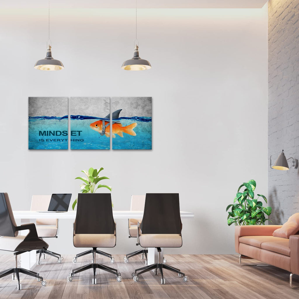 3 Panels Modern Framed Inspirational Quote Canvas Wall Art-Mindset is Everything Goldfish Strong Shark Motivational