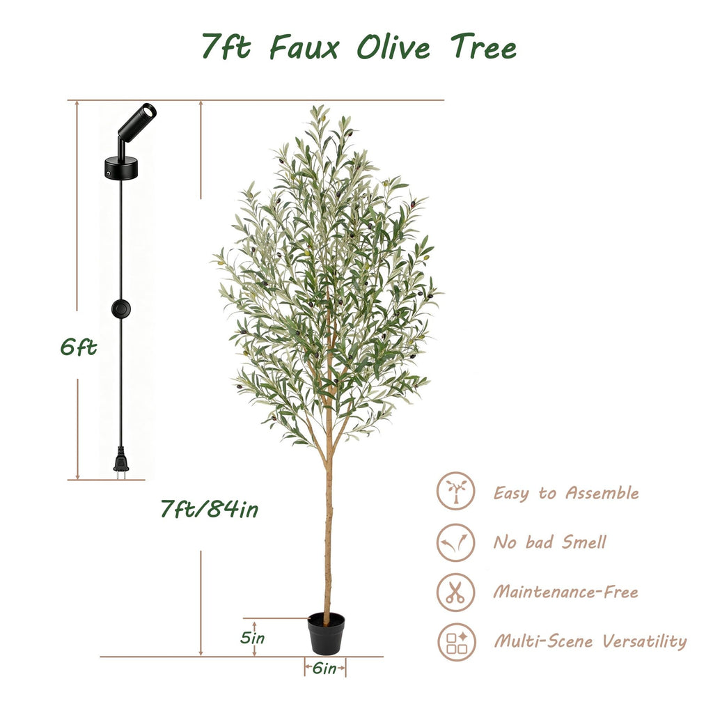 7ft Faux Olive Tree with Warm White Spotlight & Real Wood Trunk, 84in Artificial Olive Tree with Lifelike Fruits &