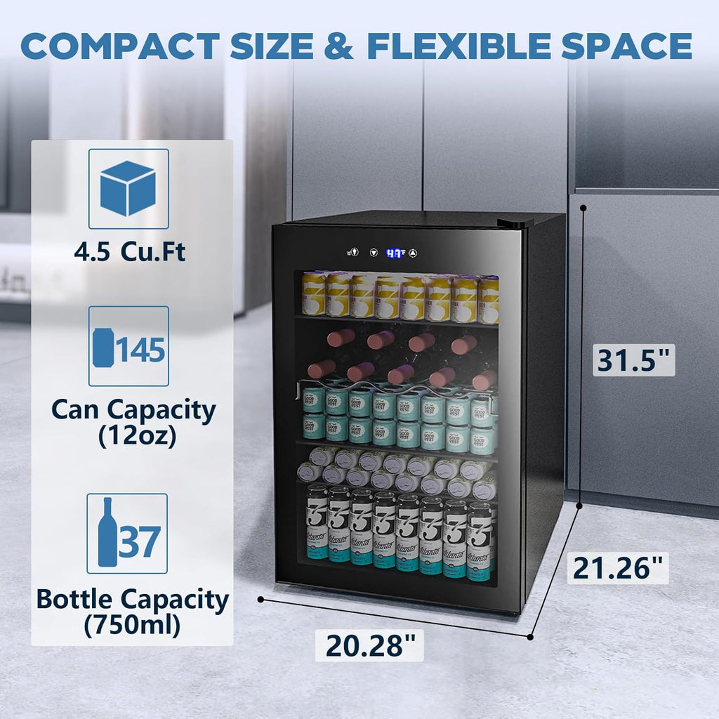 Beverage Refrigerator Cooler 4.4 Cu.Ft,145 Can Mini Fridge with Glass Door for B