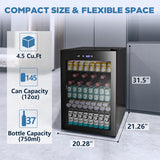 Beverage Refrigerator Cooler 4.4 Cu.Ft,145 Can Mini Fridge with Glass Door for B
