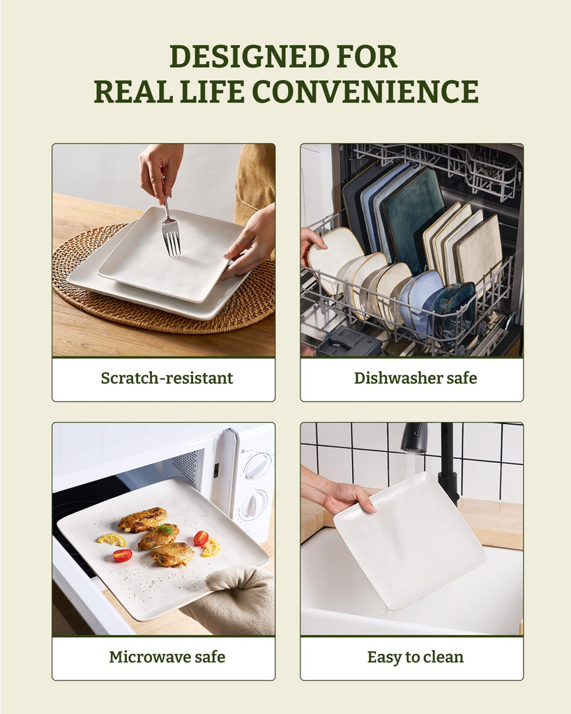 Square Ceramic Dinnerware Set for 6, Plates and Bowls, Matte White