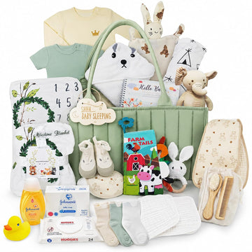 Baby Gift Basket for Newborn Boy or Girl (Green) Essentials Gift Set with Diaper Caddy Organizer, Milestone Blanket