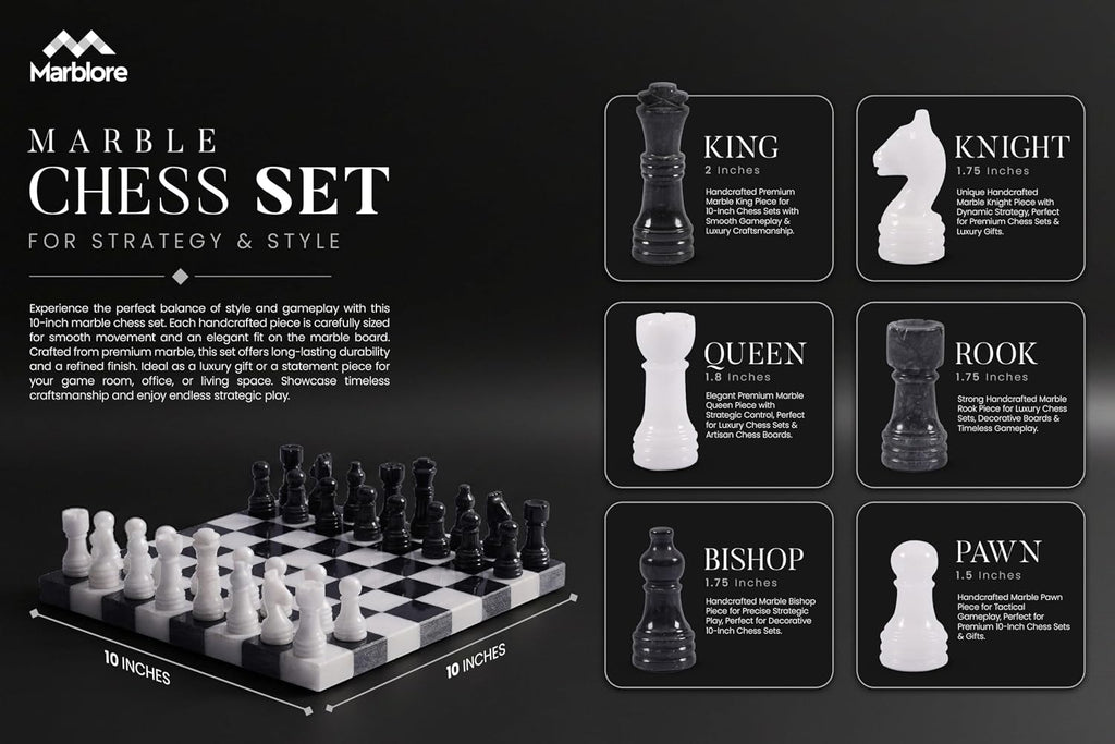 Marble Chess Set for Adults 10 Inch Handmade Black and White Board Game with 32 Chess Pieces 2 Extra Queens Luxury
