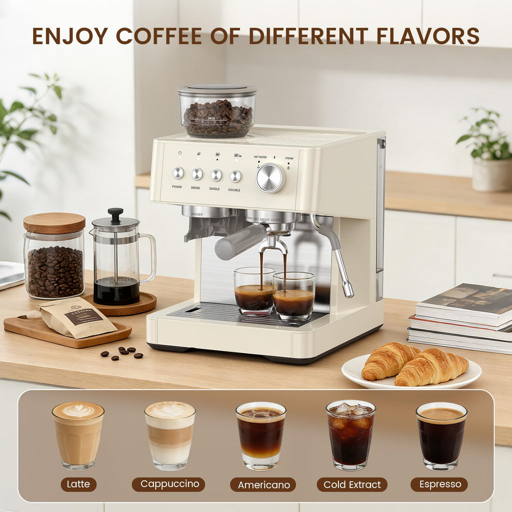 20-Bar Espresso Machine with Grinder, Automatic Coffee Maker Combo, Removable 77.8oz Water Tank, Milk Frothing Steam