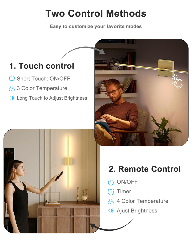Battery Powered Wall Sconce Set of Two: Gold Wireless Rechargeable Wall Lights with Touch and Remote Control