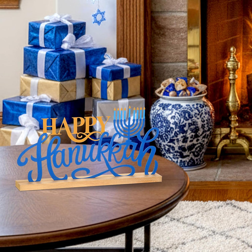 Metal Happy Hanukkah Table Decoration Sign with Wooden Base