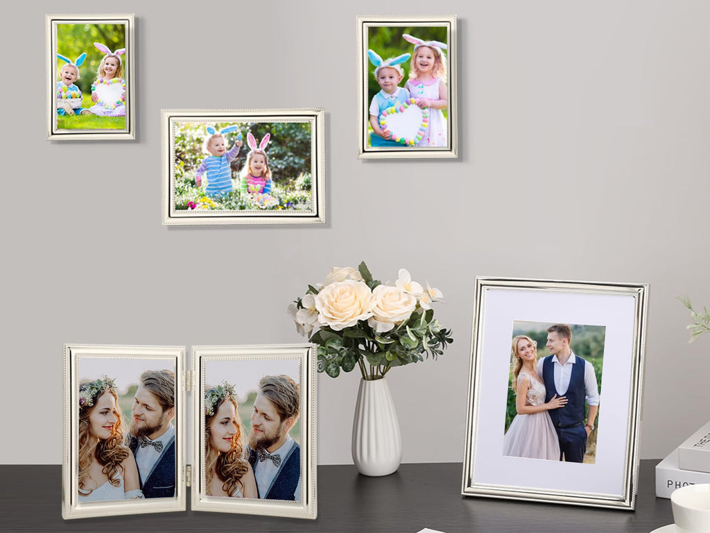 Elegant Silver Plated 5x7'' Hinged Triple Metal Picture Frame, 3-5x7'' Mutli College Frames with Classic Beaded