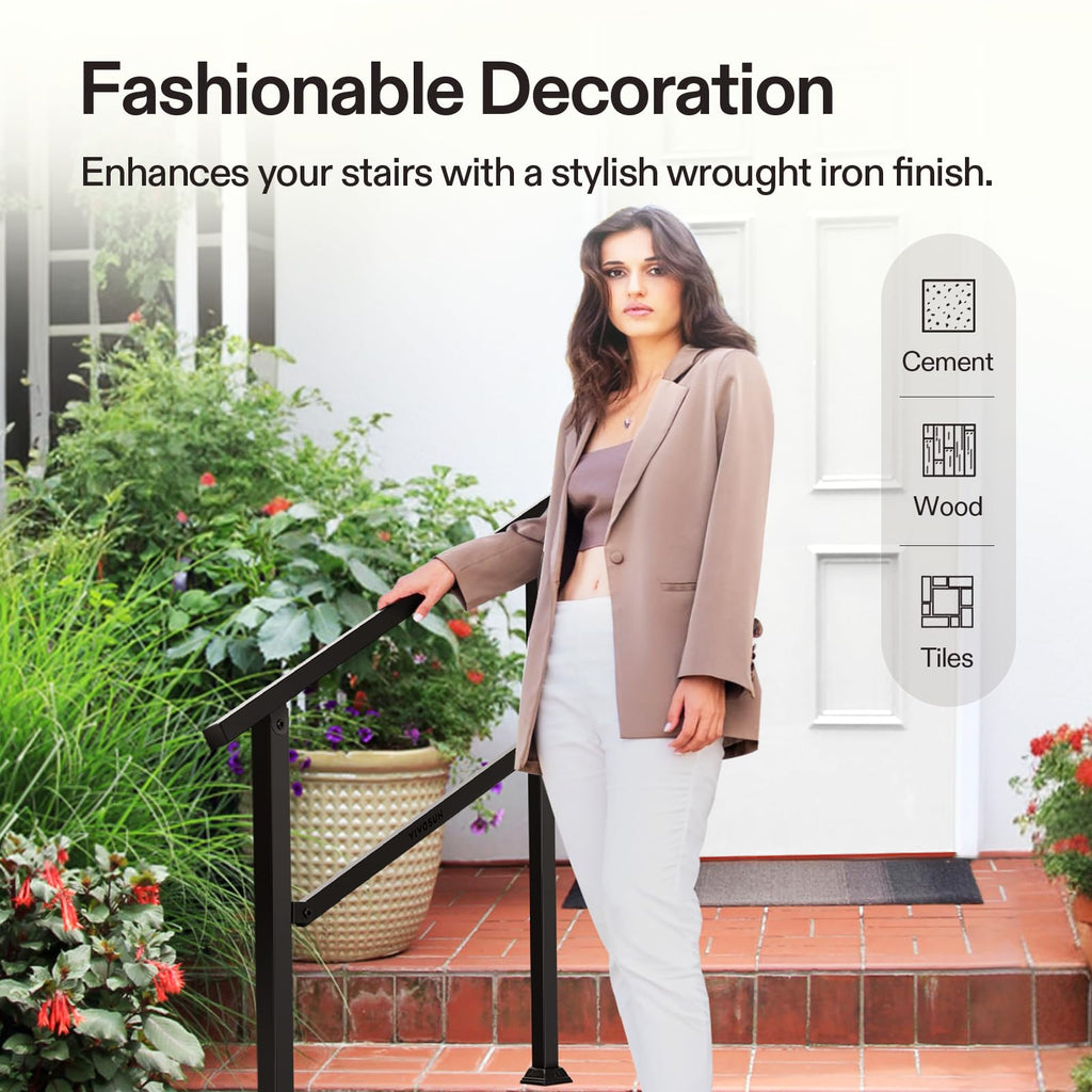 3-Step Stair Handrail 40"x36" Wrought Iron Porch Railing Black
