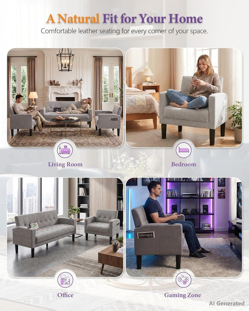 Light Grey Couch and Chairs Set, 3 Piece Living Room Furniture Set with USB & Type-C Ports, Fabric Loveseat Sofa and