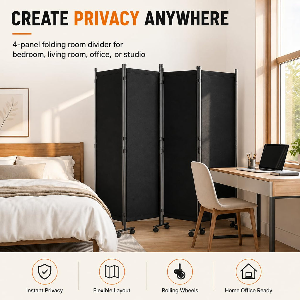 Room Divider, 4-Panel Folding Privacy Screenwith Locking Wheels Wide Feet, PortablePortable with Opaque Canvas and