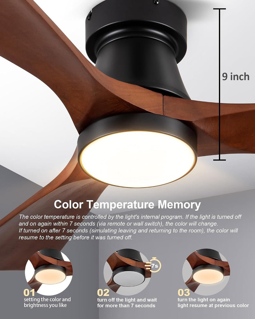 42-Inch Ceiling Fan with Lights, Remote Control, Flush Mount, Dimmable, Reversible, Wood Blades, Power-Off Memory