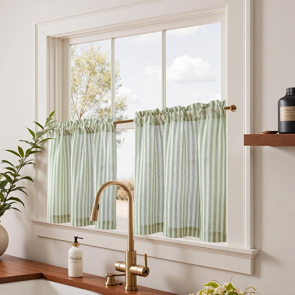 Striped Linen Kitchen Curtains 24 Inches Length Tier Curtains Farmhouse Modern Cafe Style Small Window Treatments