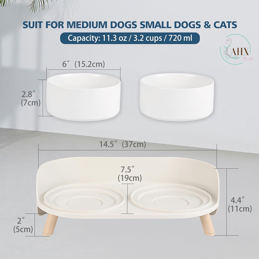 Elevated Ceramic Dog Bowl Set - Double Dog Feeding Bowls with Stand Splash Proof - Raised Dishes for Food and Water