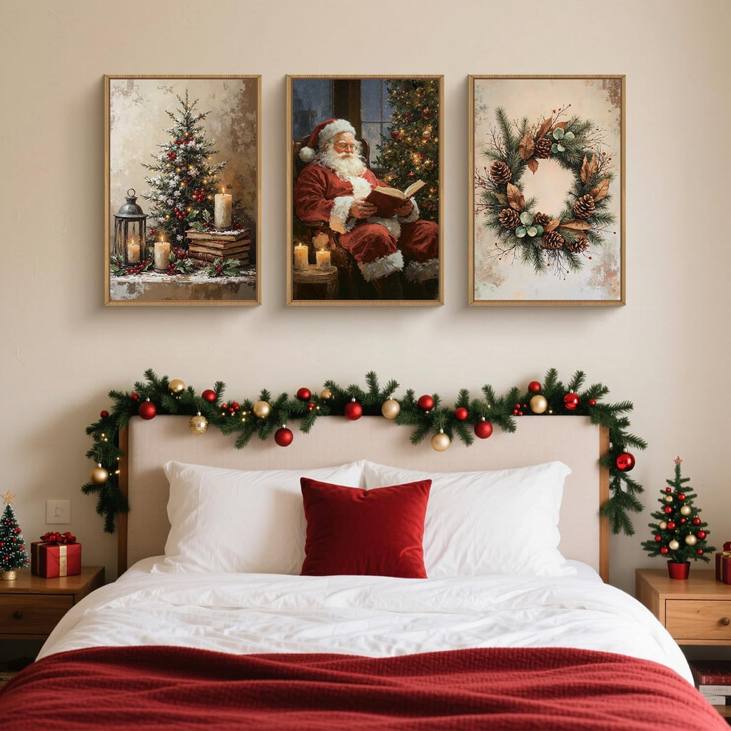 Vintage Christmas Tree Santa Claus Framed Canvas Wall Art Set, Rustic Pinecone Wreath Berries Decor, Retro Winter