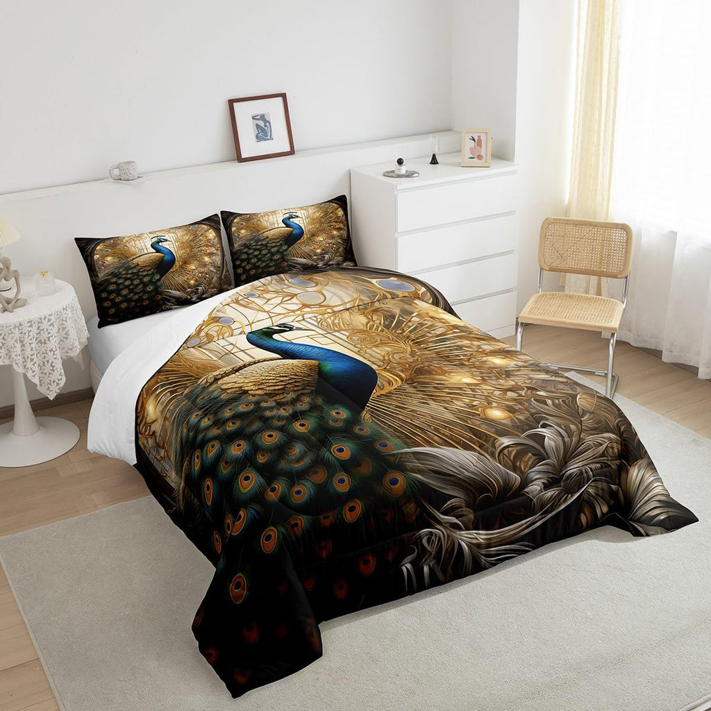 Peacock Comforter Set Exotic Birds Animal Bedding Queen, Elegant Gorgeous Golden Feather Bedding Comforter Sets