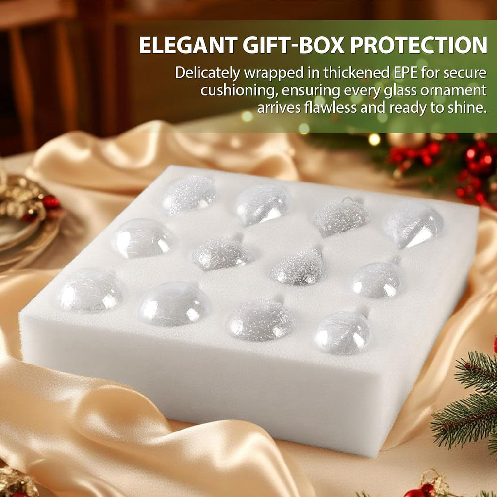 Clear Glass Christmas Ornaments,12-Pc Hand Blown Crystal Ball Decorations - Set of 12