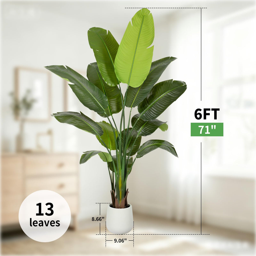 6FT Artificial Bird of Paradise Plant Tall, 71"Fake Tropical Tree with 13 Banana Leaves and White Pot, Large Faux Silk