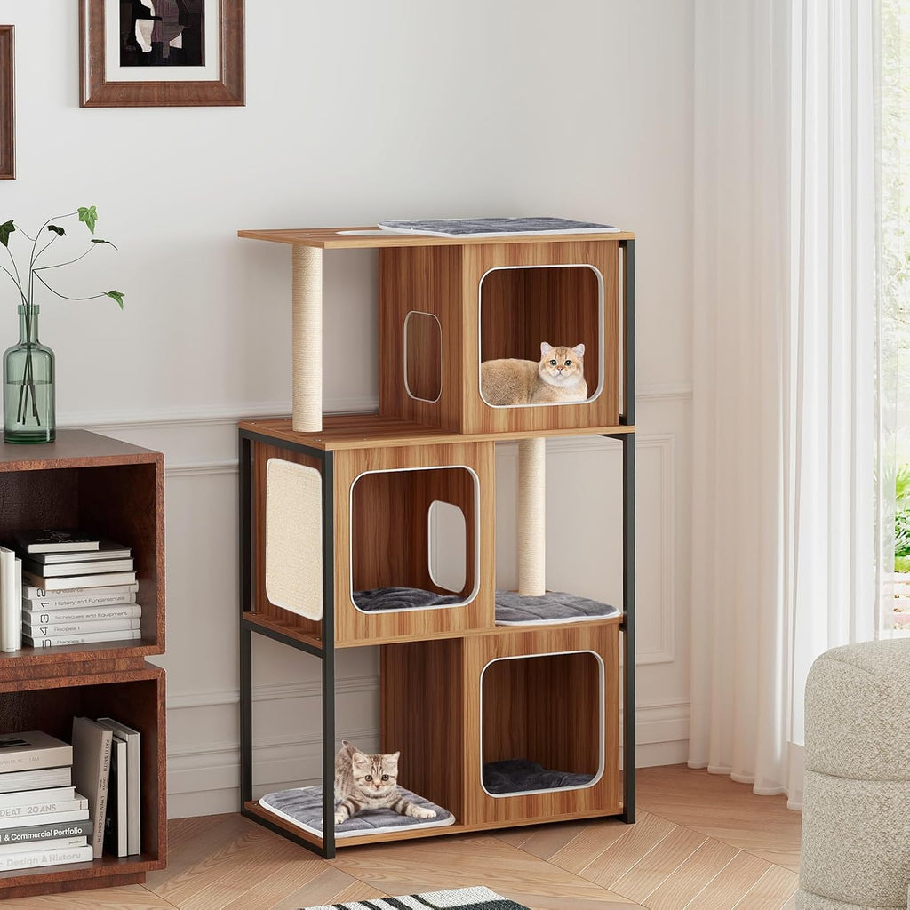 52-inch Wood Cat Tree for Indoor Cats, Multi-Level Solid Metal Framed Wooden Cat Tower with Sisal Scratching Posts