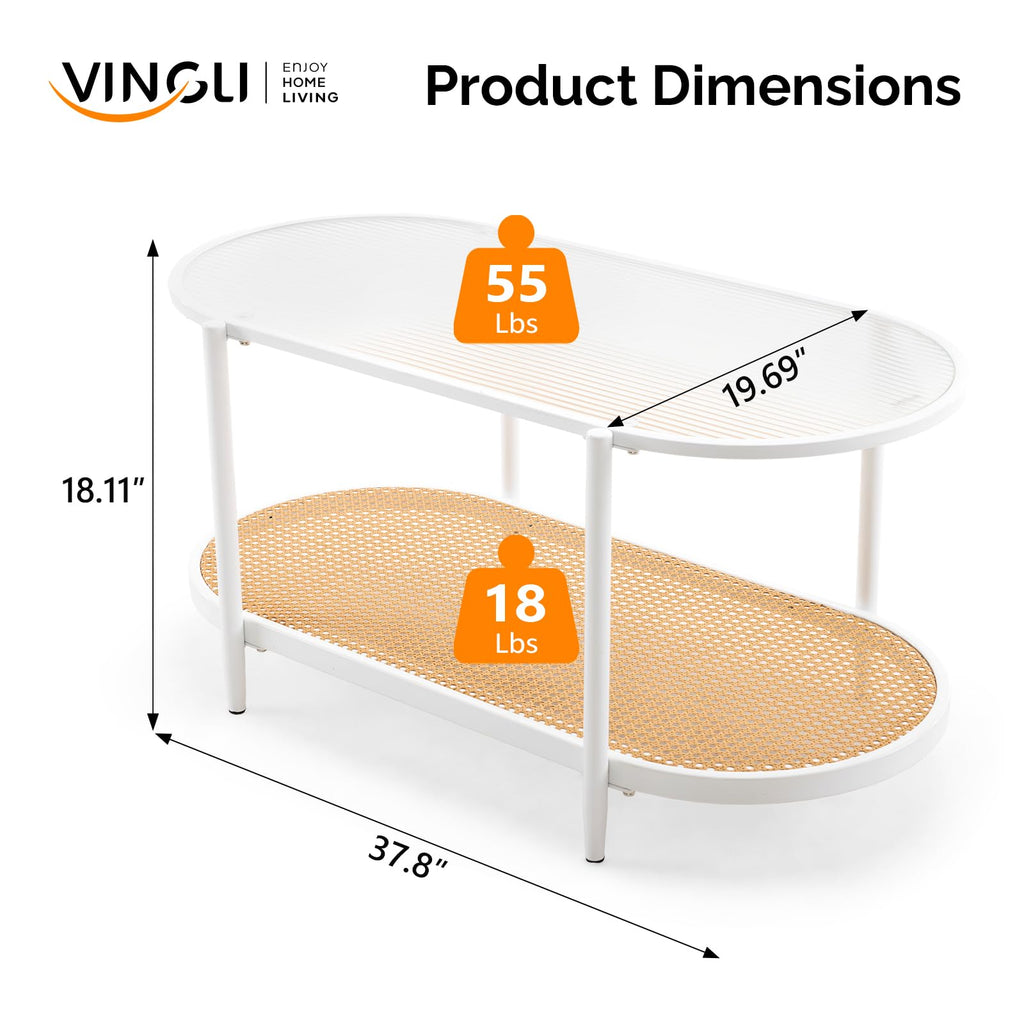 38" Glass Coffee Table Oval, Rattan Coffee Table, White