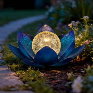 Solar Lights Outdoor Garden Decoration Crackle Globe Glass Waterproof LED Metal Blue Lotus Flowers Gift for