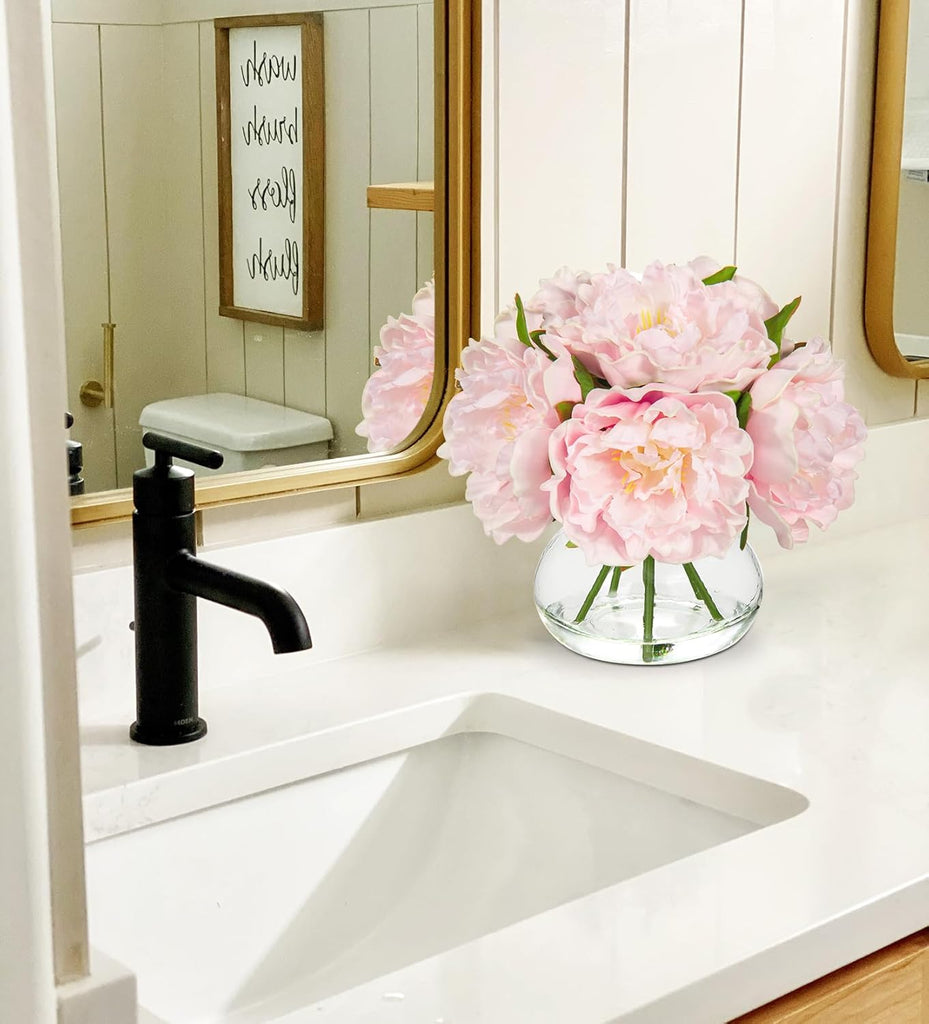 Pink Peonies Artificial Flowers with Vase Faux Flowers Peony Fake Flowers Silk Flower Arrangements in Glass Vase