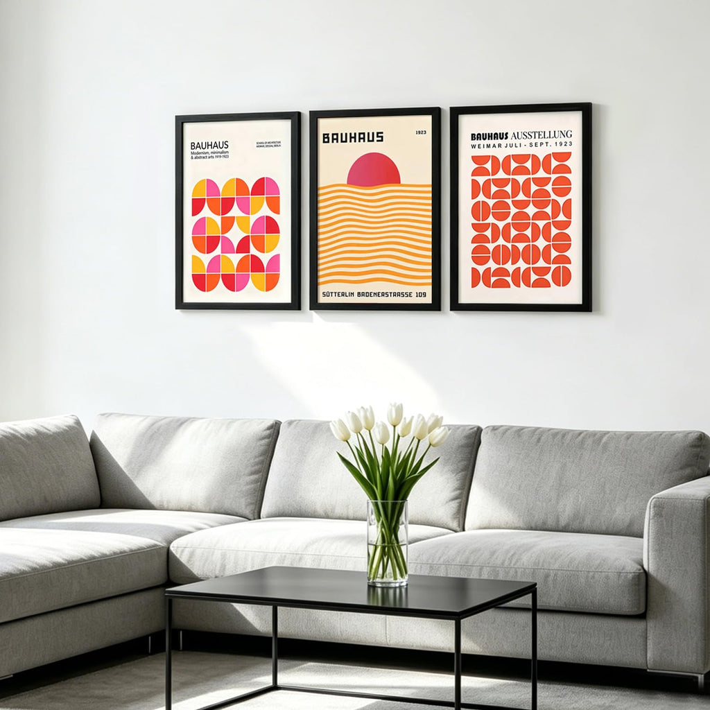 3Pcs Black Framed Bauhaus Wall Art, Sunset Wall Decor, 12x16 Inch