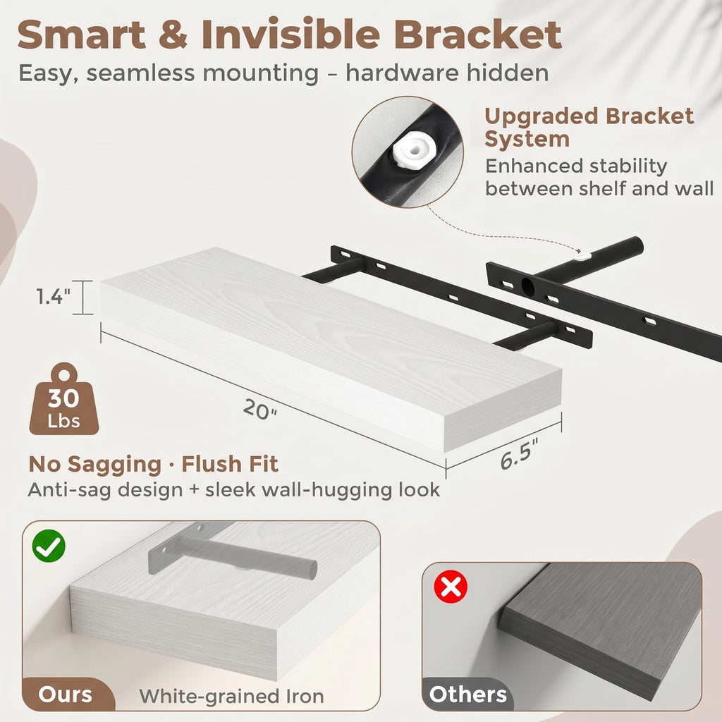 20 Inch Floating Shelves for Wall Set of 2, 6.5" D Wood Gra Shelves with Invisible Brackets, Easy Install Engineered