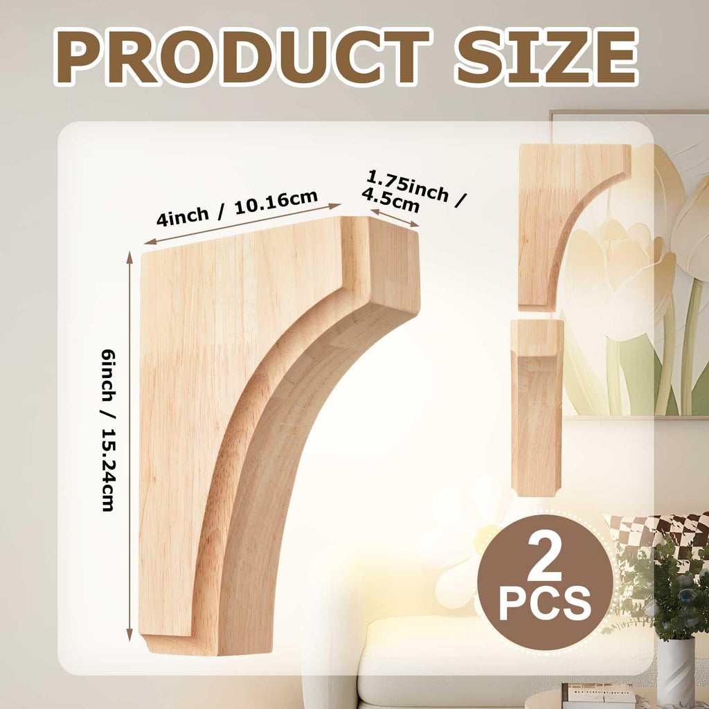 2 Pack Solid Wood Corbels, 1 3/4" w X 4" d X 6" h, Classic