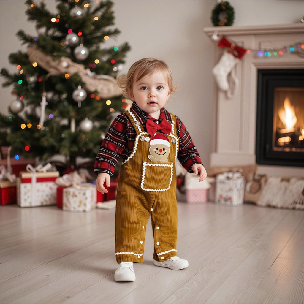 Baby Boy Christmas Outfit Plaid Long Sleeve Bodysuit Attached Bow Corduroy Romper Overalls 2 Pcs Set