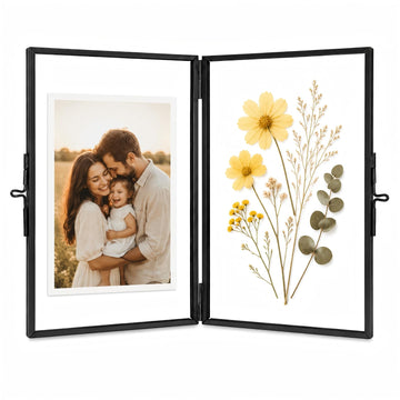 Black Hinged Double Glass Frame 5x7in, Photo Pressed Flower Tabletop Frame