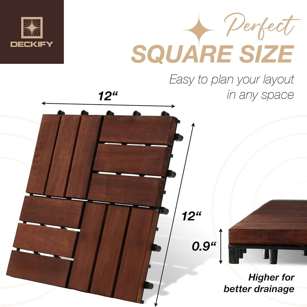 9Pcs Acacia Wood Interlocking Patio Deck Tiles, 12 x 12 x 0.9 Inch Outdoor Flooring, Waterproof for All-Weather Use