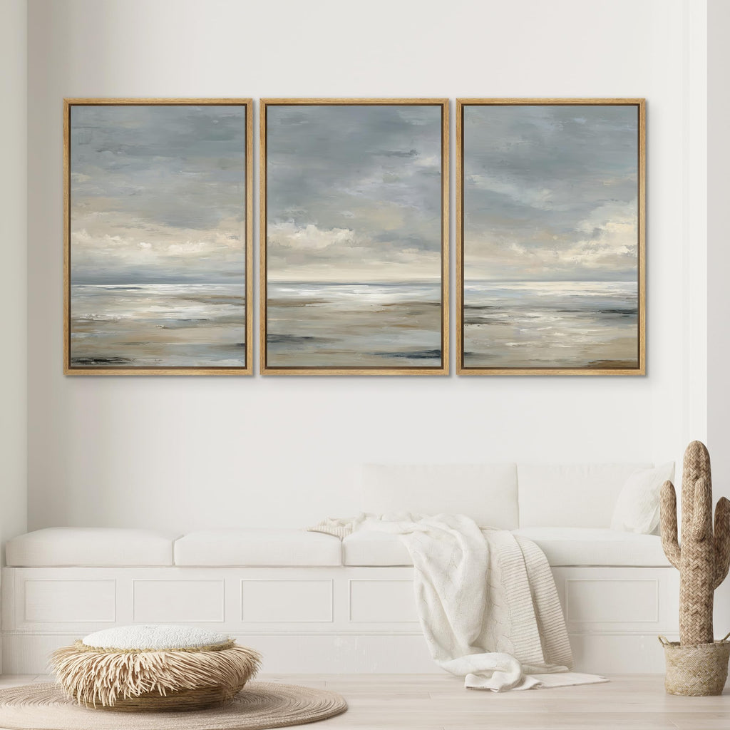 Framed Wall Art Print Set Grey Wave Calm Sea Landscape Illustrations Modern Art Chic Multicolor - 24"x36"x3 NATURAL