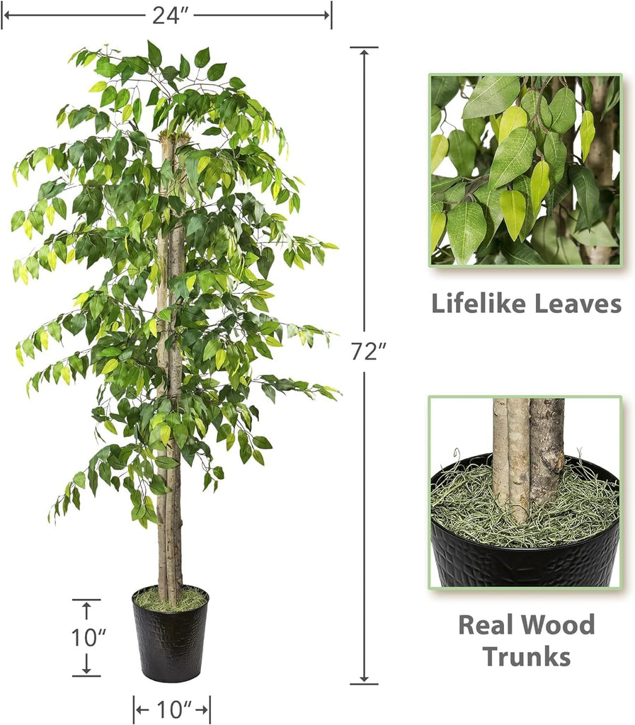 Deluxe 6ft Artificial Ficus Tree in Planter - High End Realistic Silk Tree, Real Wood -Tall Indoor Faux Floor Plant