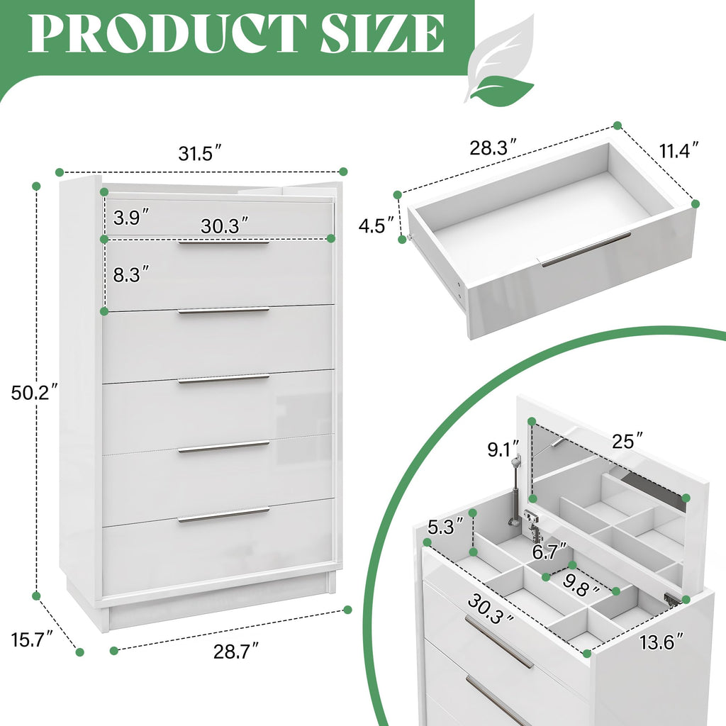 50.2" H 5-Drawer Dresser with Glass Top, High Gloss, White