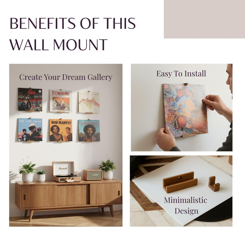 Vinyl Record Wall Mount - Pack of 6 Floating LP Album Display Holders | Pine Wood with Walnut Matte Finish | Easy