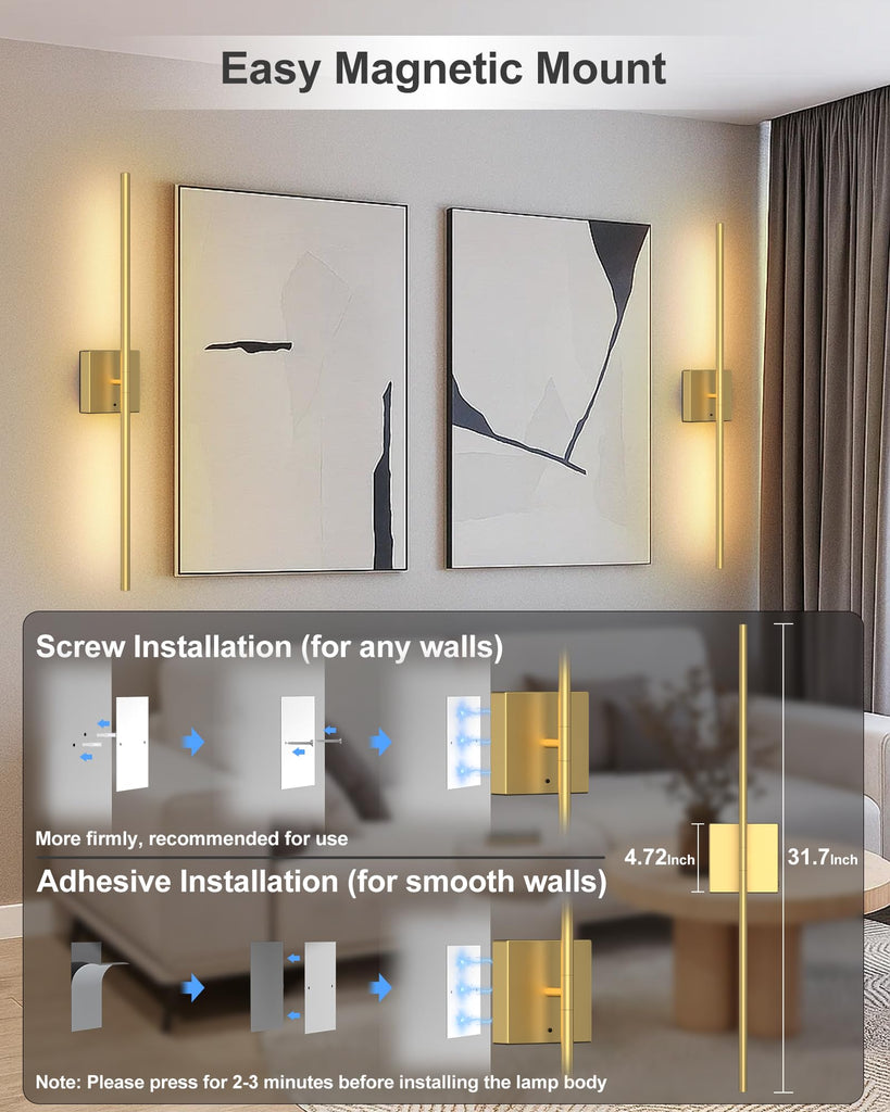Battery Powered Wall Sconce Set of Two: Gold Wireless Rechargeable Wall Lights with Touch and Remote Control