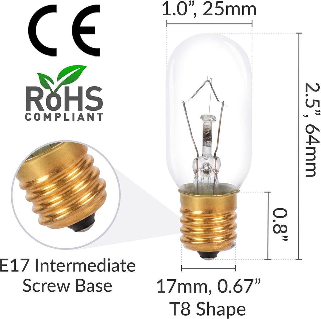 Appliance Light Bulb T8 40W 300°C/572°F Rated E17, 6 Pack