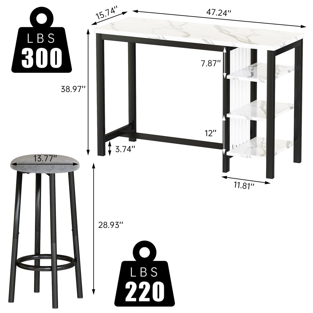 Bar Table Set with Storage Shelves, 47" Modern White Faux Marble Breakfast Table with 2 Velvet Stools, 3-Piece Dining
