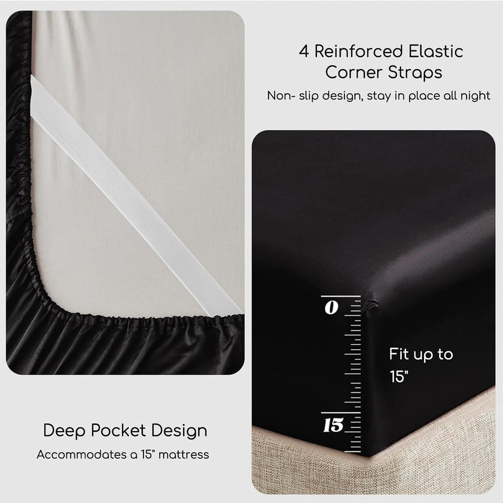 Satin Bed Sheets, Queen Sheets Set, 4 Pcs Silky Bedding Set with Elastic Corner Straps and 15 Inches Deep Pocket for