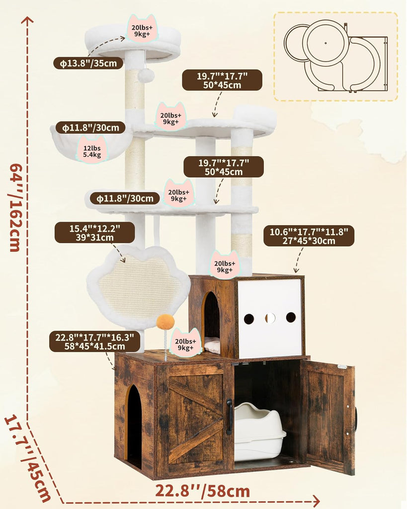 Cat Tree with Litter Box Enclosure, Modern 64" Hidden Tower