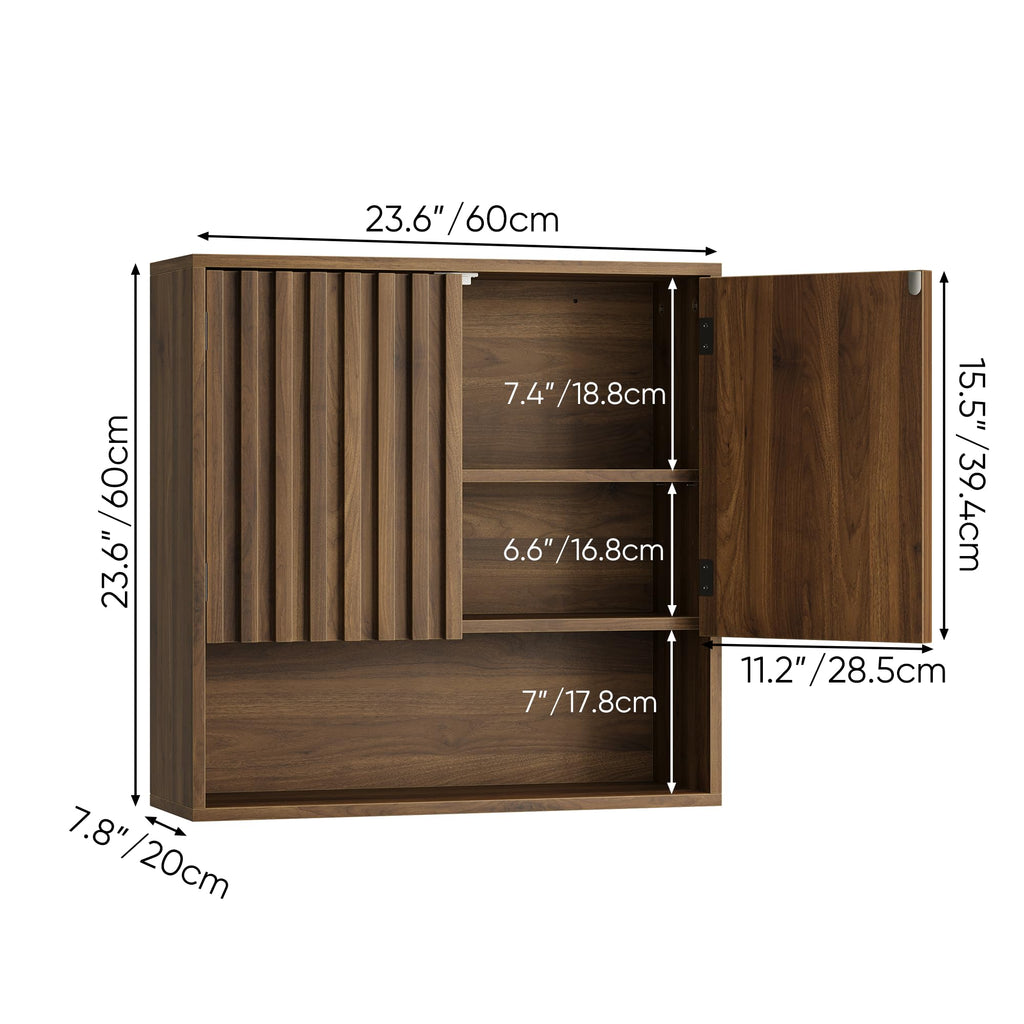 Fluted Bathroom Cabinet Wall Mounted, Wooden Medicine Cabinet with Adjustable Shelf, Walnut Bathroom Cabinet for Bath