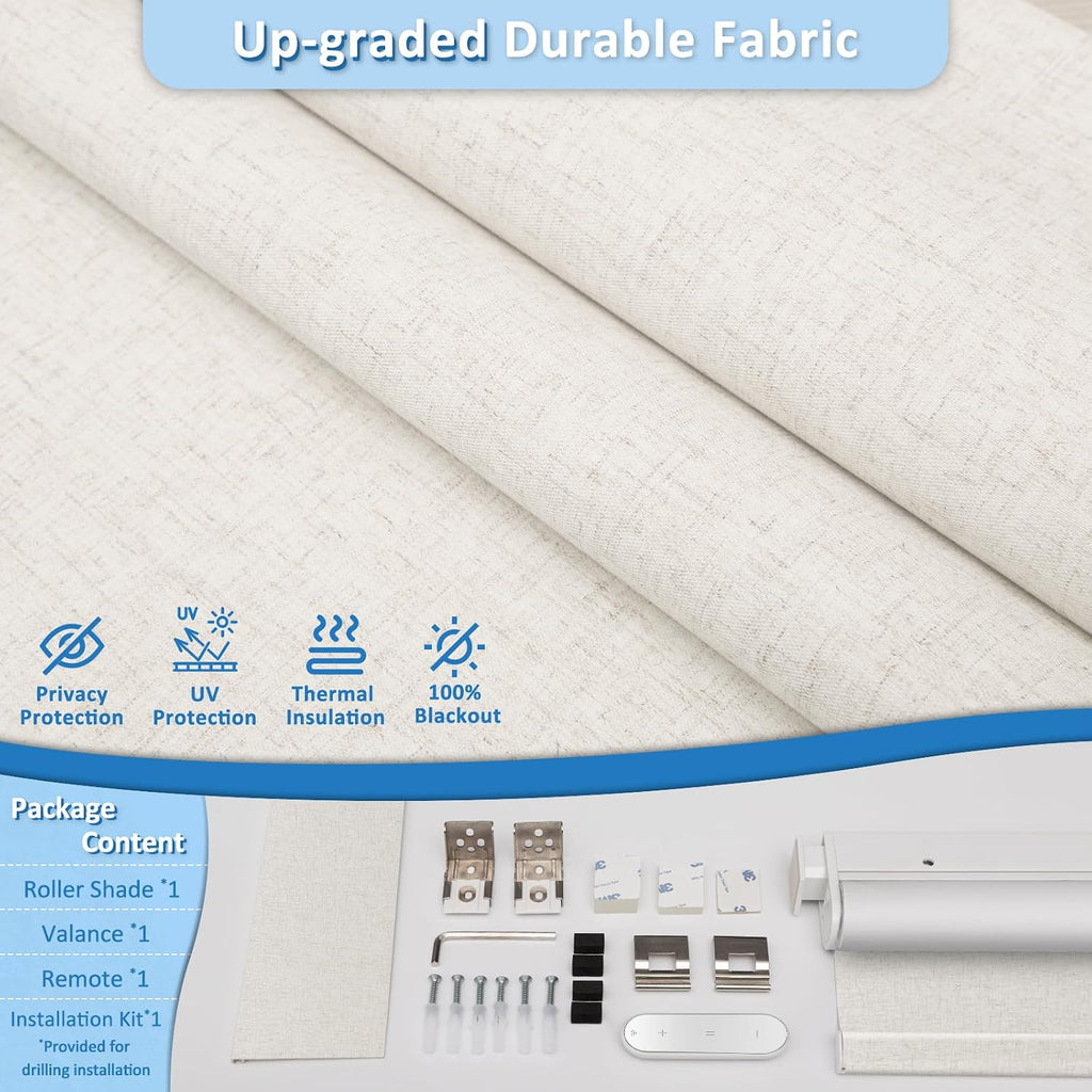 No-Drill Motorized Blackout Blinds with Remote, Linen, 34.5" x 64" | Tool-Free Installation, Works with Tuya & Alexa