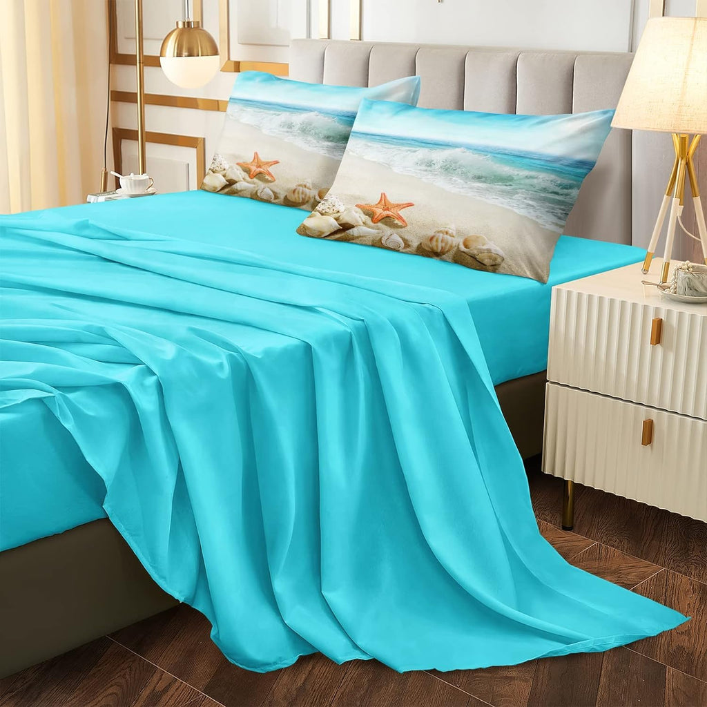 Beach Themed Comforter Set - Sheets, Starfish Sea Life Printed - Women's Adult Coastal Bedding - Aqua