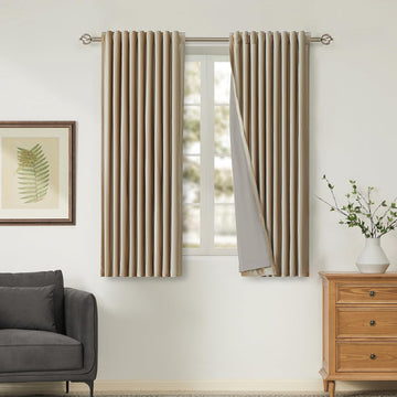 100% Full Blackout Champagne Beige Polyester Velvet Curtains, Set of 2 Liner Rod Pocket Back Tab Thermal